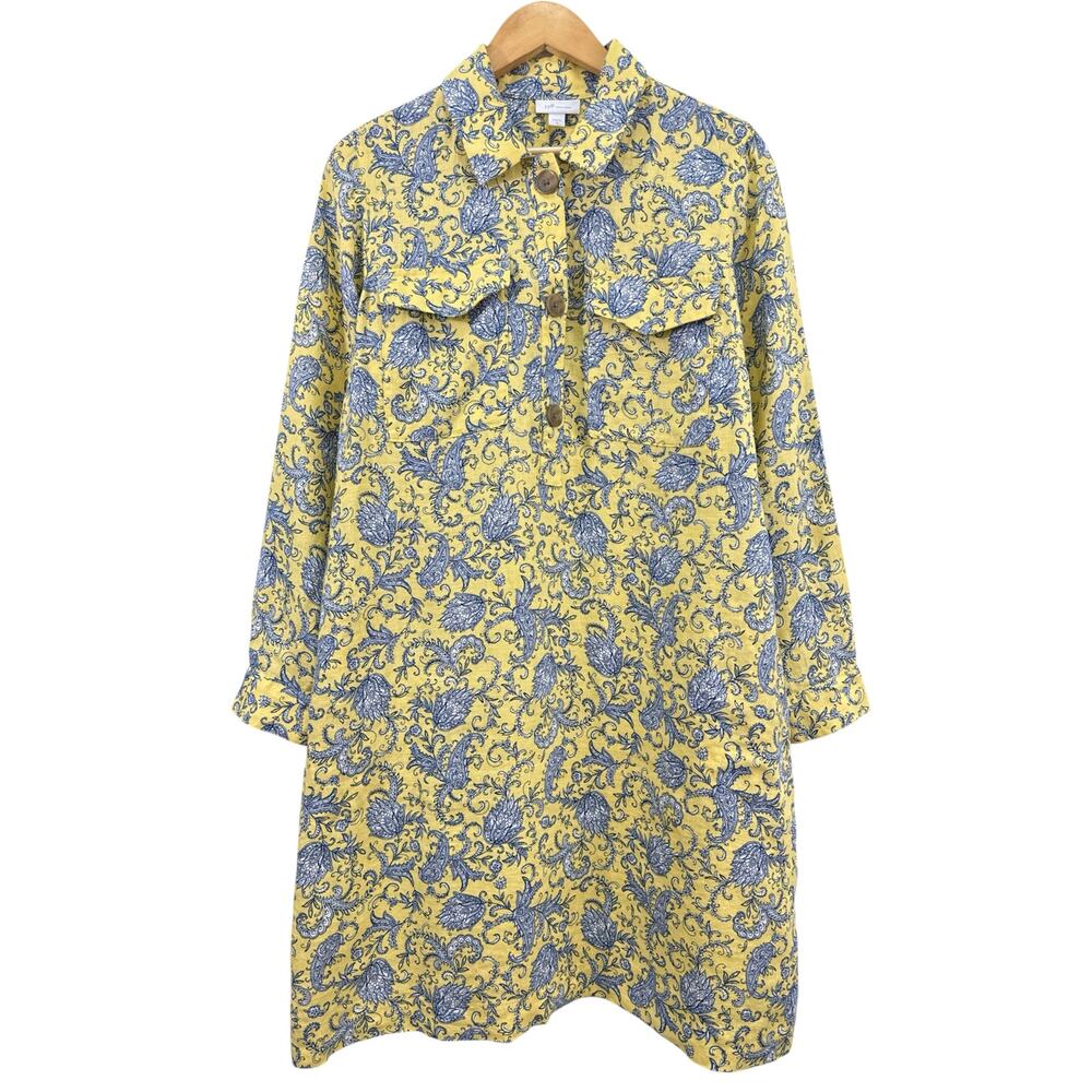 J. Jill Linen Popover Shirtdress M Yellow Lemon Paisley Long Sleeve Linen Boho